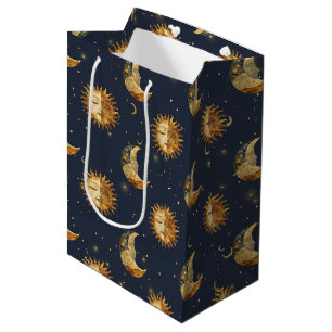 Sac Cadeau Moyen Ciel Solaire & Lune Étoile Dorée Motif Nuit
