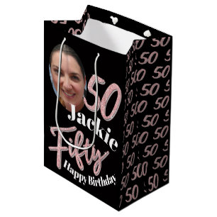 Sac Cadeau Moyen Cinquante-50ème anniversaire script photo rose ros