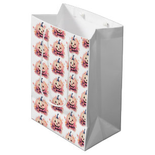 Sac Cadeau Moyen Citrouille Orange Feuilles Blanches Halloween
