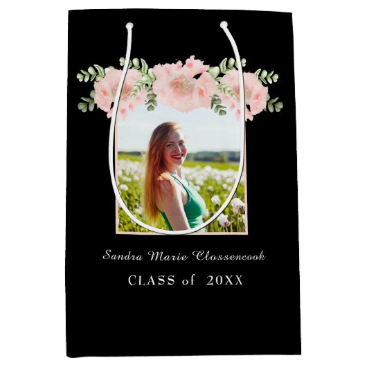 Sac Cadeau Moyen Classe de graduation florale moderne, Fleur rose 2 (Devant)