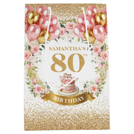Sac Cadeau Moyen Classy Gold Numéro 80e anniversaire Ballons roses (Devant)