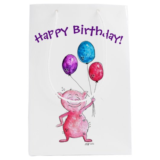 Sac Cadeau Moyen Cochon rose géant avec ballons (Devant)
