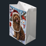 Sac Cadeau Moyen Cockapoo Winter Wonderland Christmas Joy<br><div class="desc">Ce design festif reflète l'esprit joyeux de la période des fêtes, avec un adorable petit portant un chapeau de Père Noël. Le chien est niché dans un pays des merveilles hivernales, avec un bonhomme de neige, un sapin de Noël décoré et des cadeaux joliment emballés. Les flocons de neige tombent...</div>