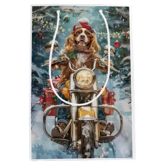 Sac Cadeau Moyen Cocker Spaniel Chien équitation Moto Noël (Devant)