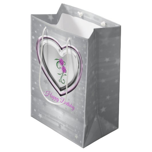 Sac Cadeau Moyen Coeur Argent Et Fleurs Violettes (Devant Angle)