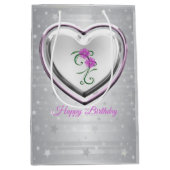 Sac Cadeau Moyen Coeur Argent Et Fleurs Violettes (Devant)