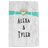 Sac Cadeau Moyen Coeur avec ruban Turquoise sur bois blanchi (Devant)