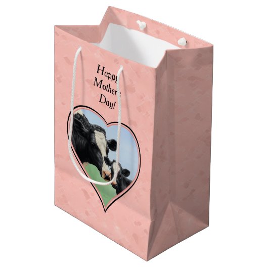 Sac Cadeau Moyen Coeur rose Vache et Veau Holstein (Devant Angle)
