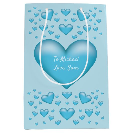 Sac Cadeau Moyen Coeurs bleus avec texte personnalisé (Devant)