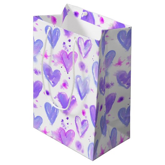 Sac Cadeau Moyen Coeurs d'aquarelle passion violet (Devant Angle)