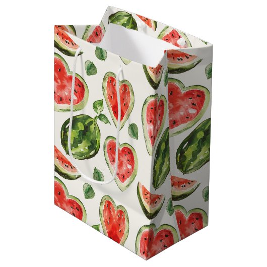 Sac Cadeau Moyen Cœurs de pastèque rouge-vert anniversaire (Devant Angle)