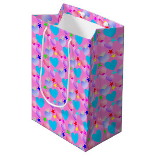 Sac Cadeau Moyen Coeurs et étoiles colorés, Anniversaire de la fill