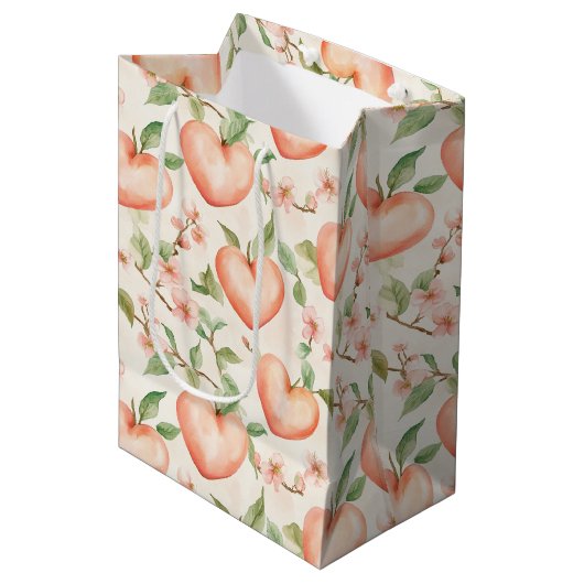 Sac Cadeau Moyen Cœurs Fleurs Jolies de Mint Pêche (Devant Angle)