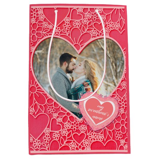 Sac Cadeau Moyen Coeurs floraux rouges et roses élégants Saint-Vale (Devant)