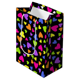 Sac Cadeau Moyen Coeurs multicolores sur le noir