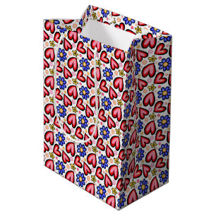 Sac Cadeau Moyen Coeurs rouges amusants et fleurs jaunes violettes