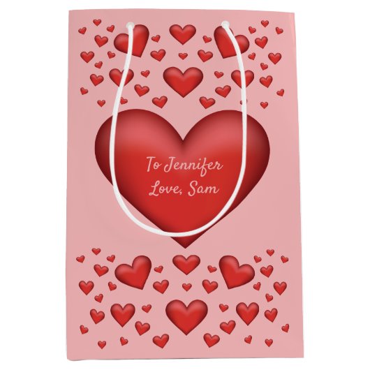 Sac Cadeau Moyen Coeurs rouges avec texte personnalisé (Devant)