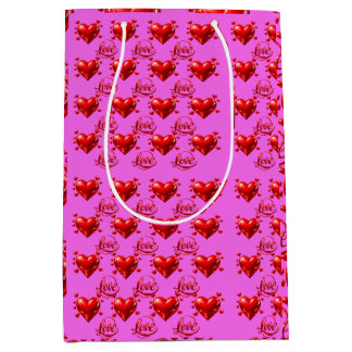 Sac Cadeau Moyen Cœurs Rouges Brillants et Papier à Emballage Rose