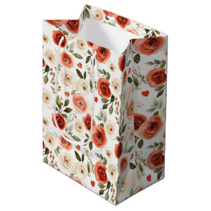 Sac Cadeau Moyen Cœurs Rouges Crème et Fleurs Baby Shower de Mariée