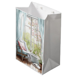 Sac Cadeau Moyen Coin de lecture aquarelle cosy fenêtre jardin prin
