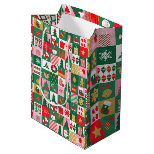 Sac Cadeau Moyen Collage de Noël festif de cadeaux, d'arbres, d'orn