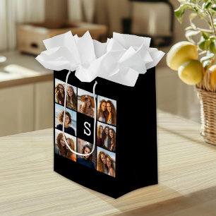 Sac Cadeau Moyen Collage de photos noir et blanc Monogramme personn