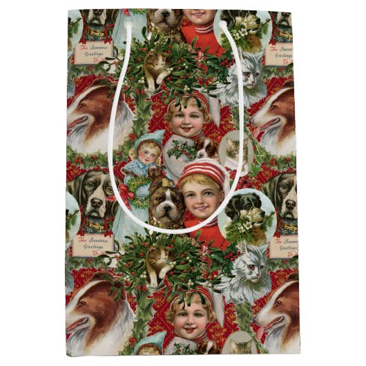 Sac Cadeau Moyen Collage de rebuts de chats et de chiens de Noël vi (Devant)