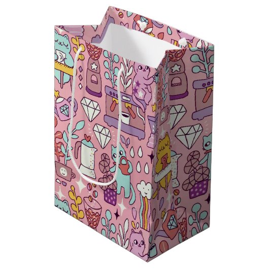Sac Cadeau Moyen Collection De Chat De Carton Cute Sur Rose (Devant Angle)
