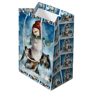 Sac Cadeau Moyen Collies et bonhomme de neige de Noël