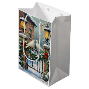 Sac Cadeau Moyen Colombes d'hiver vintage à la porte éclairée par d
