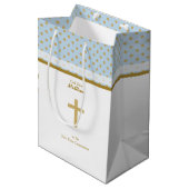 Sac Cadeau Moyen Communion bleu avec Pois d'or (Devant Angle)