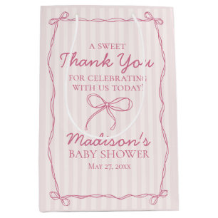 Sac Cadeau Moyen Coquette Rose Bow Pastel Baby shower rayé Favorise
