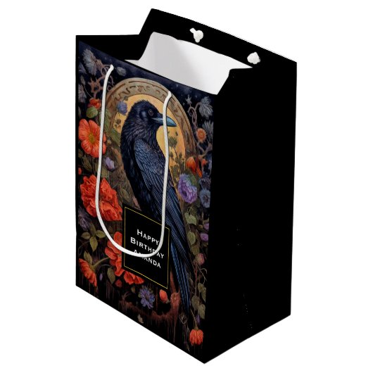 Sac Cadeau Moyen Corbeau noir aux fleurs Design gothique Anniversai (Devant Angle)