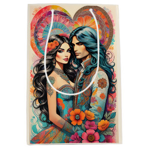 Sac Cadeau Moyen Couple hippie avec Coeur psychédélique