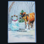 Sac Cadeau Moyen Cowboy Snowman & Cow Christmas<br><div class="desc">Inspiré par mon père qui était éleveur dans le Montana. L'art a été créé à l'origine dans un pastel à l'huile par Deborah Miller, artiste.</div>