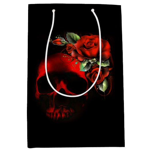 Sac Cadeau Moyen Crâne et roses rouges et noirs (Devant)