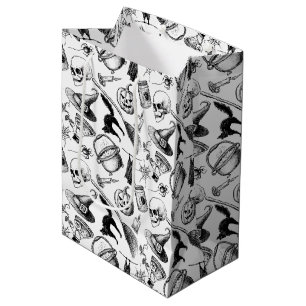 Sac Cadeau Moyen Crânes Broomsticks Citrouille Bats Halloween