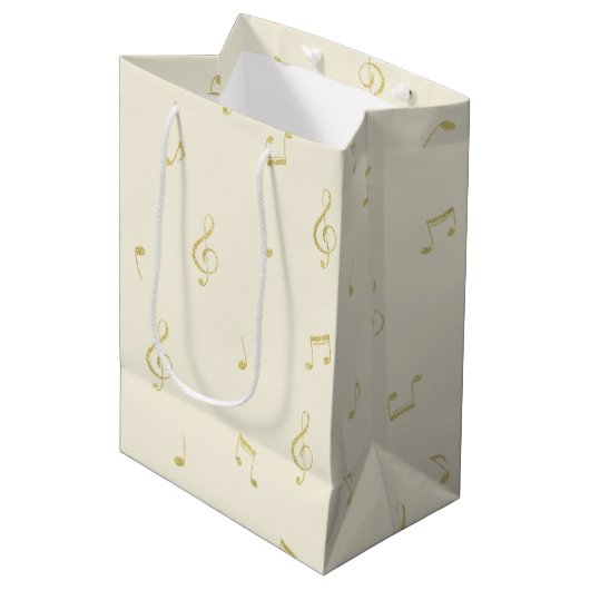 Sac Cadeau Moyen Cream Gold Music Notes Birthday (Devant Angle)