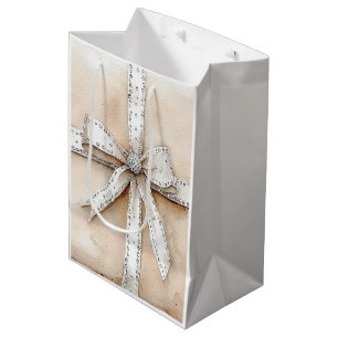 Sac Cadeau Moyen Crème Blanc Argent Glitzy Glam Bow Noël