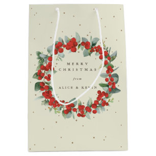 Sac Cadeau Moyen Crème Rouge Berry+Eucalyptus Noël/Fêtes