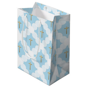 Sac Cadeau Moyen Croix Bleue et Or Élégante Baptême Chrétien