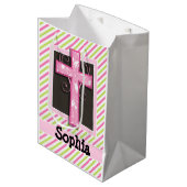 Sac Cadeau Moyen Croix rose sur les rayures vert rose et citron ver (Devant Angle)