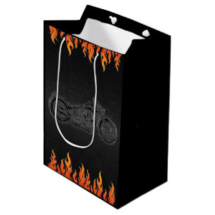 Sac Cadeau Moyen Cuir noir flammes orange moto motard fête