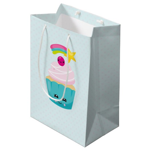 Sac Cadeau Moyen Cupcake bleu mignon avec visage Kawaii (Devant Angle)