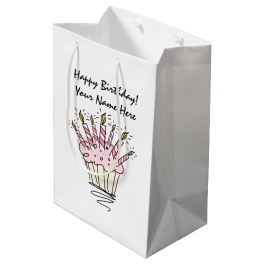 Sac Cadeau Moyen cupcake rose avec bougies d'anniversaire personnal (Dos Angle)