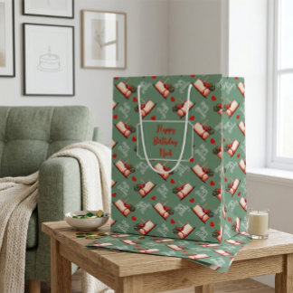 Sac Cadeau Moyen Custom Birthday Cake & Hearts Green Personalized 