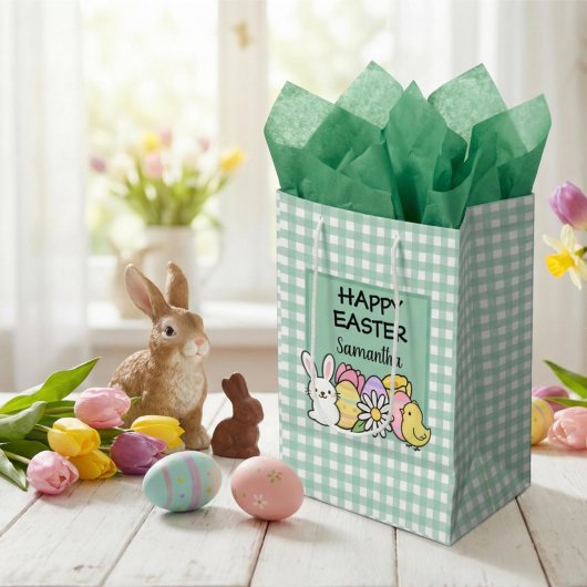 Sac Cadeau Moyen Custom Happy Easter Bunny Chick Green Gingham
