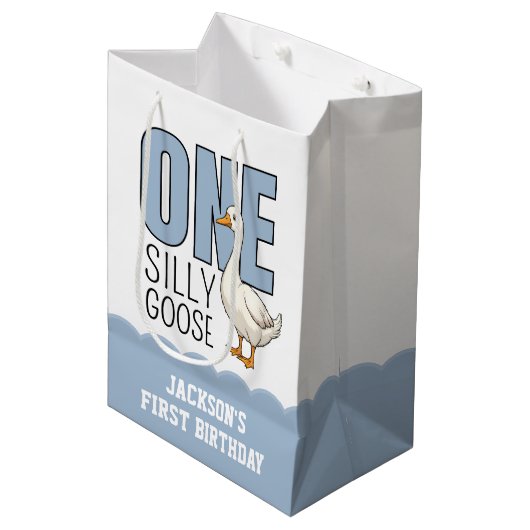 Sac Cadeau Moyen Custom Modern Blue One Silly Goose First Birthday (Devant Angle)