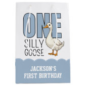 Sac Cadeau Moyen Custom Modern Blue One Silly Goose First Birthday (Devant)