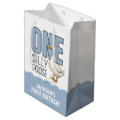 Sac Cadeau Moyen Custom Modern Blue One Silly Goose First Birthday (Dos Angle)